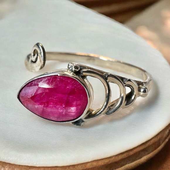 SOLD Raw Faceted Ruby Sterling Silver Bypass Ring (9-10) - Picture 3 of 7